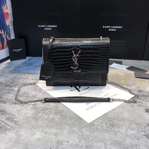 YSL SUNSET MEDIUM CHAIN BAG IN CROCODILE EMBOSSED SHINY LEATHER