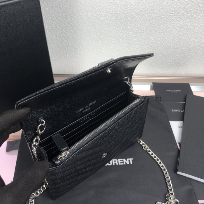 YSL CASSANDRE SAINT LAURENT MATELASSÉ ENVELOPE CHAIN WALLET IN GRAIN DE POUDRE EMBOSSED LEATHER