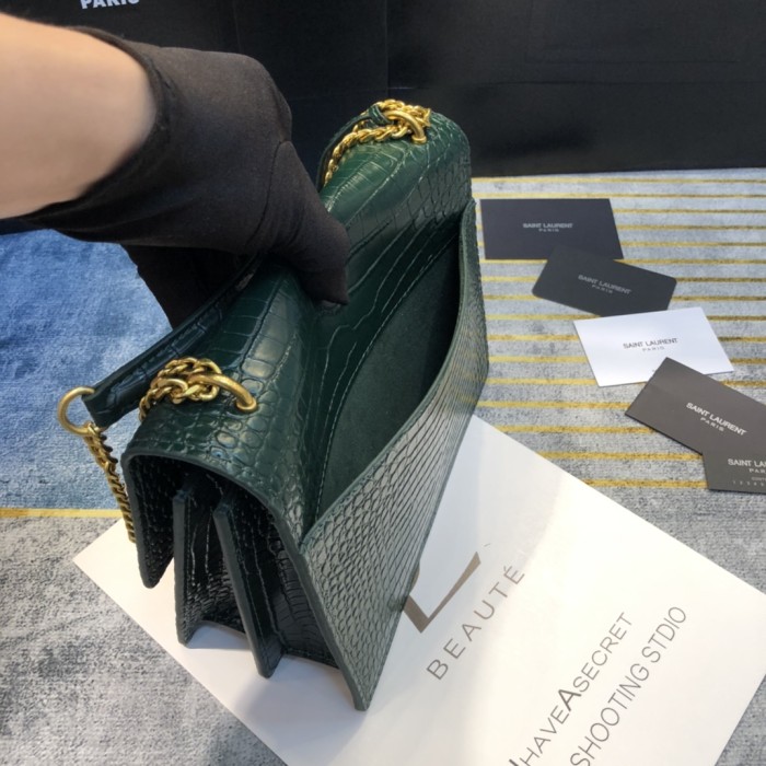 YSL SUNSET MEDIUM CHAIN BAG IN CROCODILE EMBOSSED SHINY LEATHER