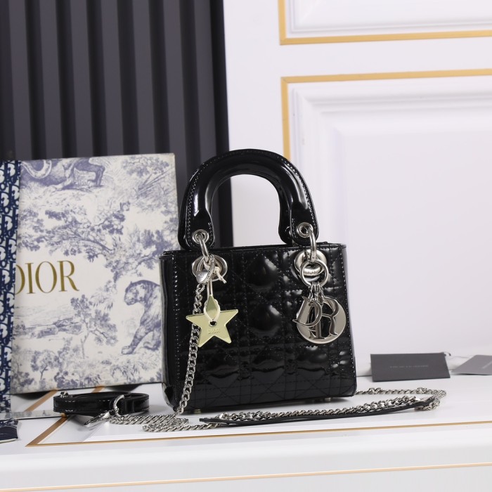Mini Lady Dior Bag Black silver patent leather CD2025 XB071 17cm