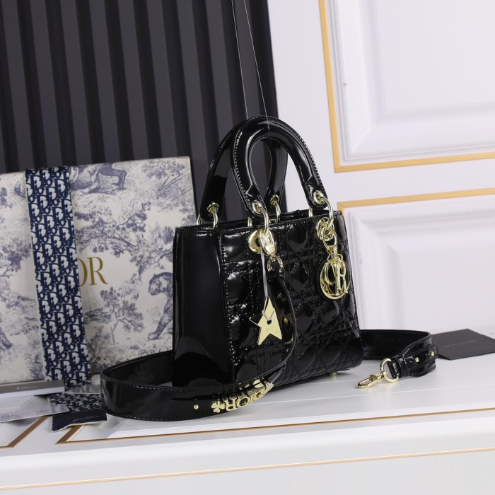 Small Lady Dior My ABCDior Bag Black gold patent leather CD2026 XB081 20cm