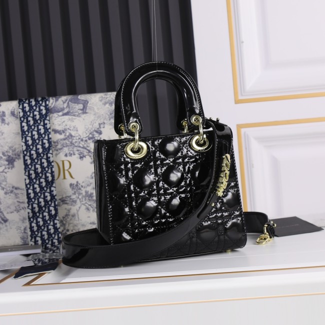 Small Lady Dior My ABCDior Bag Black gold patent leather CD2026 XB081 20cm