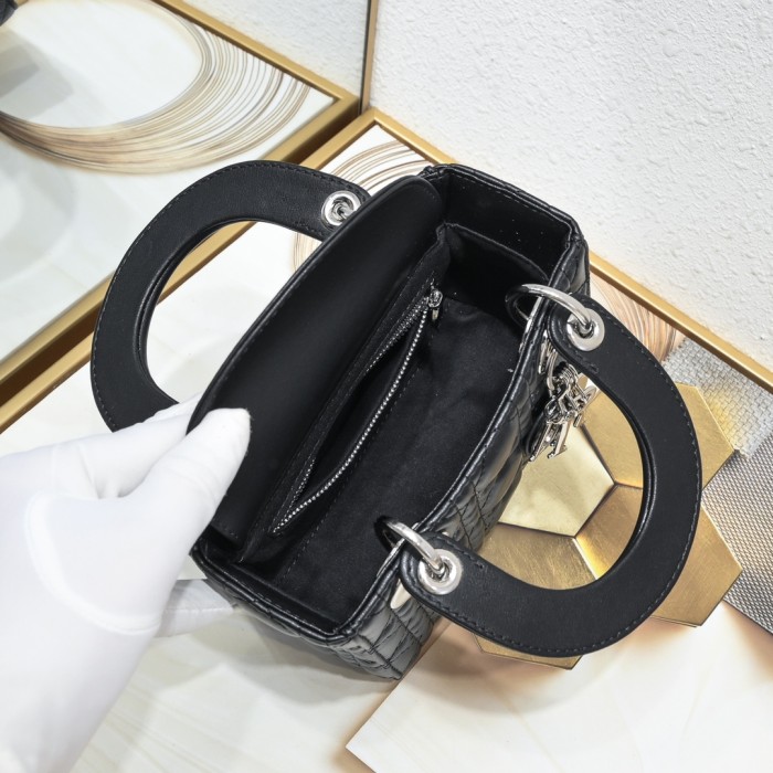 Mini Lady Dior Bag Black Silver Sheepskin 2077 LM051 17cm