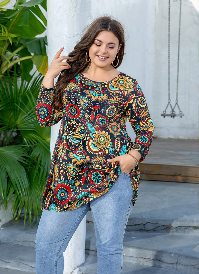 Womens Tunic Tops 3/4 Sleeve Plus Size Crew Neck Swing Flare Loose Fit T-Shirt Blouses to Wear with Leggings