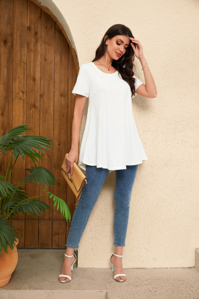 Tunic Tops for Women Plus Size Short Sleeve Crew Neck Swing Flare Loose T-Shirt Blouses to Wear with Leggings