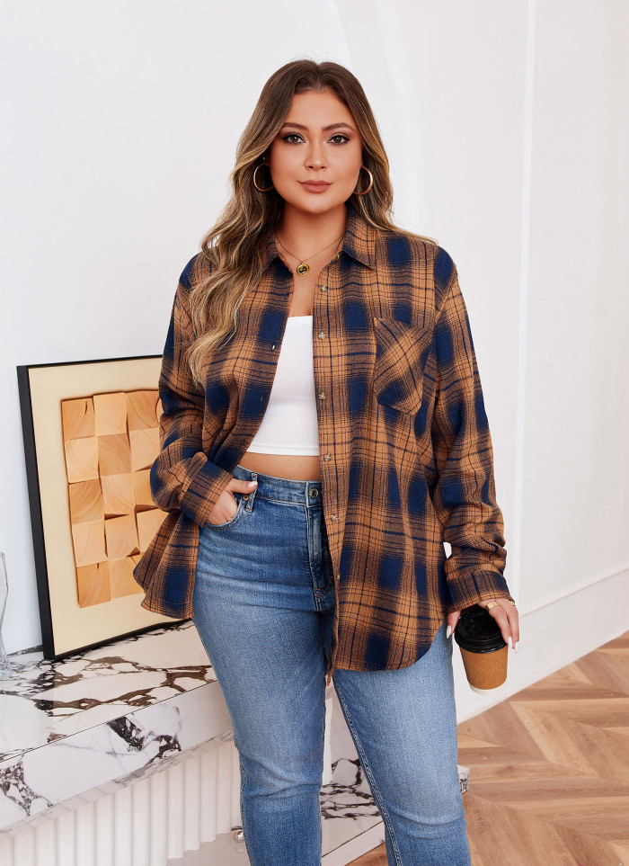 Womens Plus Size Flannel Shirts Long Sleeve Button Down Plaid Shirt Roll Up Oversize Checkered Blouse Top Fall G-03 Orange Plaid Shirt