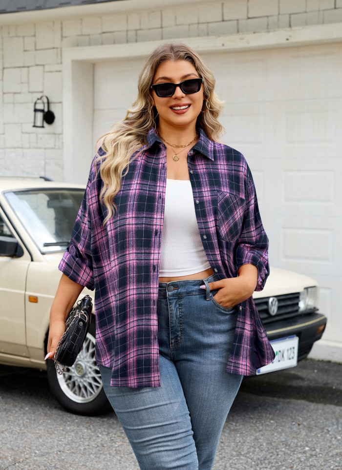 Womens Plus Size Flannel Shirts Long Sleeve Button Down Plaid Shirt Roll Up Oversize Checkered Blouse Top Fall A-02 Pink Navy Blue Plaid Shirt