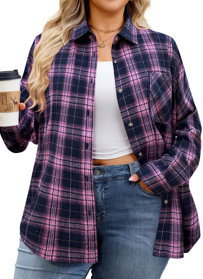 Womens Plus Size Flannel Shirts Long Sleeve Button Down Plaid Shirt Roll Up Oversize Checkered Blouse Top Fall A-02 Pink Navy Blue Plaid Shirt