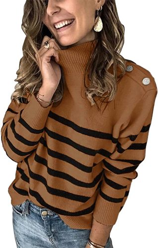 KIRUNDO 2022 Fall Winter Women’s Long Sleeves Knit Sweater Turtleneck Striped Loose Pullover Tops Deco with Metal Button