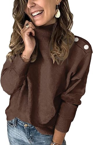 KIRUNDO 2022 Fall Winter Women’s Long Sleeves Knit Sweater Turtleneck Striped Loose Pullover Tops Deco with Metal Button