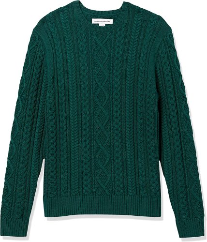 Essentials Men's Long-Sleeve 100% Cotton Fisherman Cable Crewneck Sweater