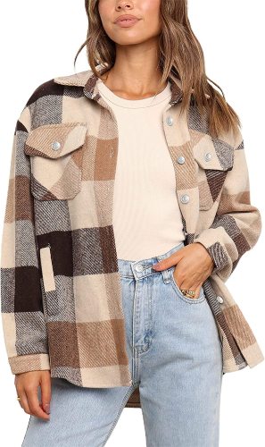 Uaneo Womens Plaid Shacket Button Down Wool Blend Fall Flannel Shirt Jacket
