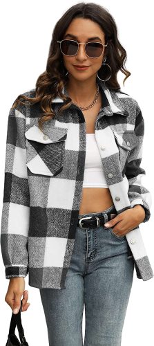 Uaneo Womens Plaid Shacket Button Down Wool Blend Fall Flannel Shirt Jacket