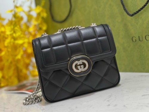 【23 New】GUCCI Deco interlocking double G logo chain quilted leather handbag crossbody shoulder bag mini women's black