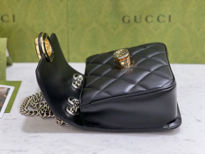 【23 New】GUCCI Deco interlocking double G logo chain quilted leather handbag crossbody shoulder bag mini women's black