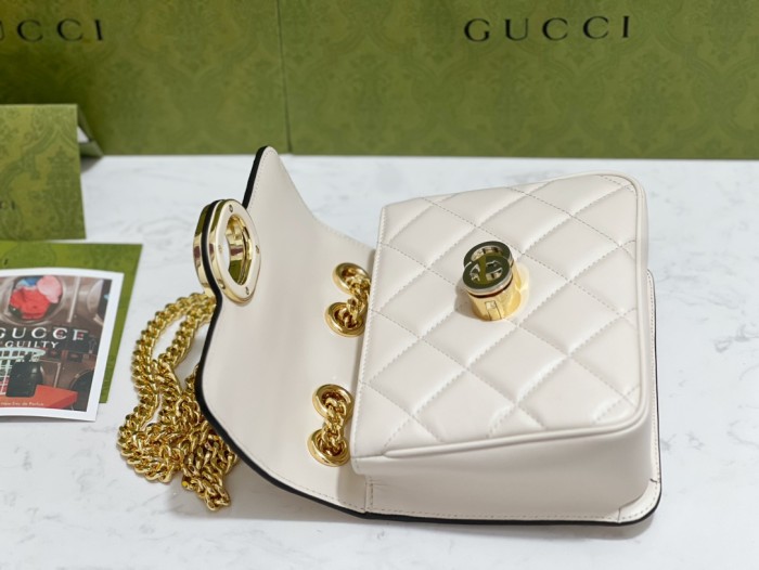 【23 new】GUCCI Deco interlocking double G logo chain quilted leather handbag crossbody shoulder bag mini women white