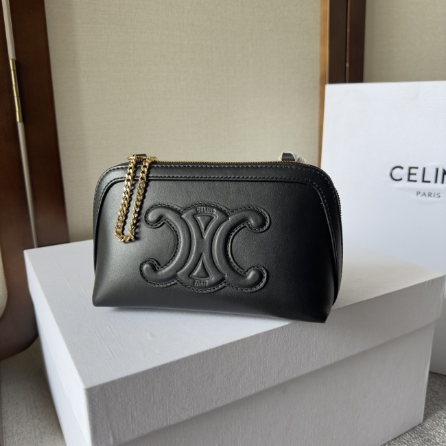 Celine Cuir Triomphe Arc de Triomphe metal chain fabric spell cow leather shoulder crossbody clutch bag female style black