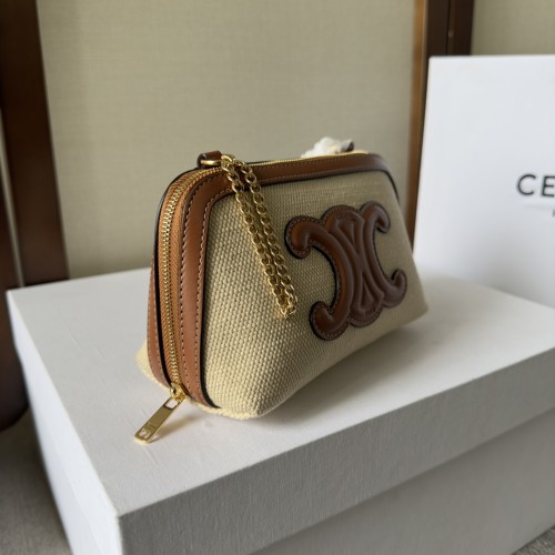 Celine Cuir Triomphe Arc de Triomphe metal chain fabric quilted cow leather shoulder crossbody clutch bag women's style natural color / tan