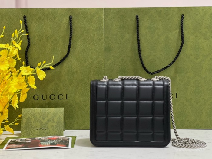 【23 New】GUCCI Deco interlocking double G logo chain quilted leather handbag crossbody shoulder bag mini women's black