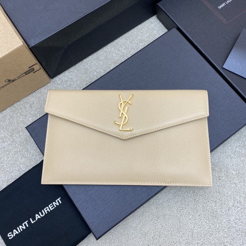 SAINT LAURENT Gold Label Logo Grained Embossed Leather Clutch Envelope Bag