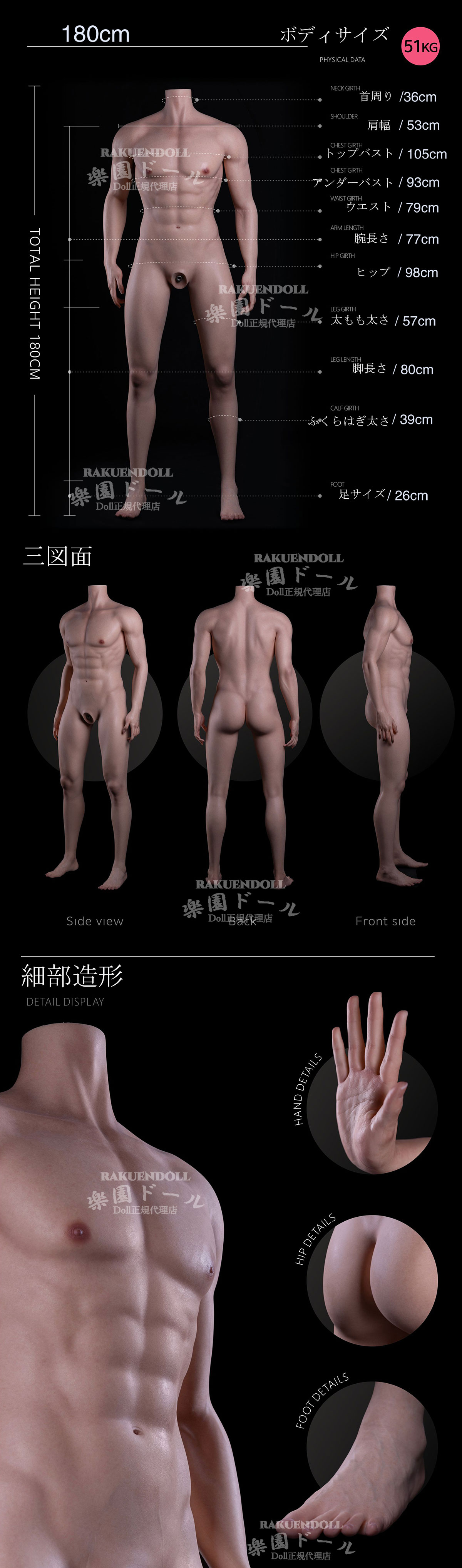 蛍火日記 男性高級ダッチワイフ 180cm 江灵（Jiangling）ドール ボディサイズ