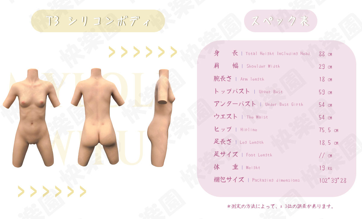 T3ボディラブドールの実績画像（ボディ三面図）とスペック表