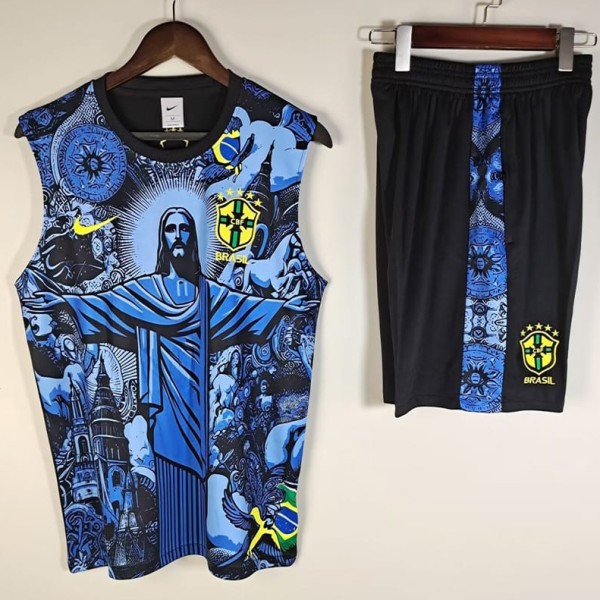 2025 Brazil Blue Tank Training Shorts Suit