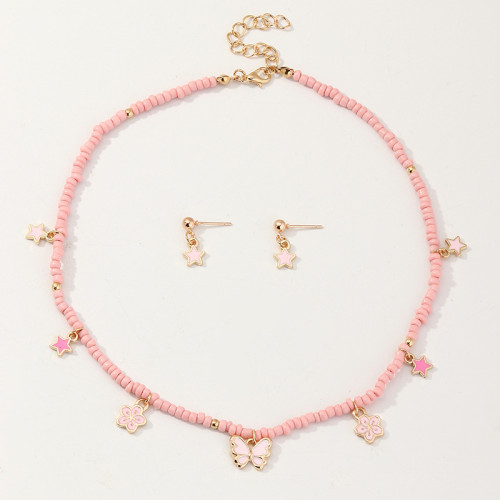 Pink Bead Butterfly Shell Pendant Necklace