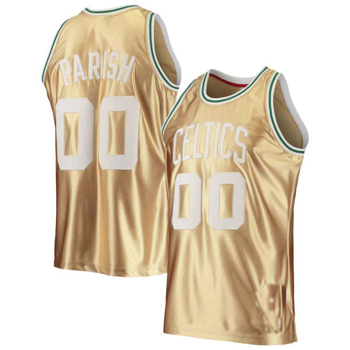 Custom B.Celtics Robert Parish Mitchell & Ness 75th Anniversary 1985-86 Hardwood Classics Swingman Jersey Gold American Stitched Basketball Jersey