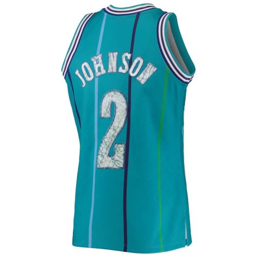 C.Hornets #2 Larry Johnson Mitchell & Ness 1996-97 Hardwood Classics 75th Anniversary Diamond Swingman Jersey Teal Stitched American Basketball Jersey