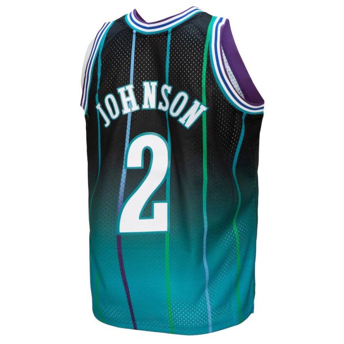 C.Hornets #2 Larry Johnson Mitchell & Ness 1992-93 Hardwood Classics Fadeaway Swingman Player Jersey Teal Black Stitched American Basketball Jersey