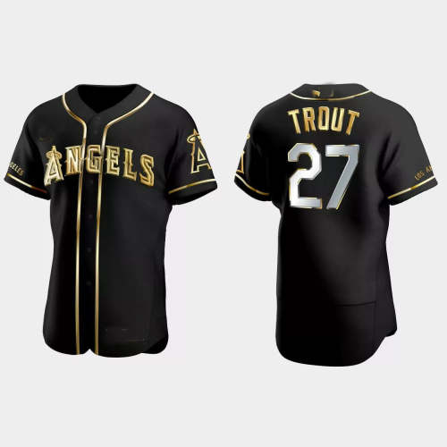 Los Angeles Angels #27 Mike Trout Gold Edition Authentic Jersey �C Black Men Youth Women Baseball Jerseys