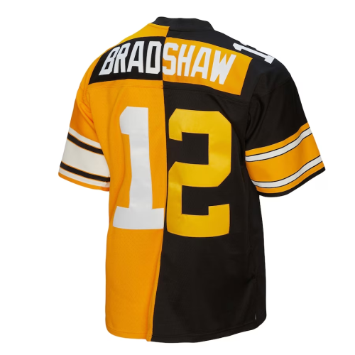 P.Steelers #12 Terry Bradshaw Mitchell & Ness Black/Gold 1976 Split Legacy Replica Jersey Stitched American Football Jerseys