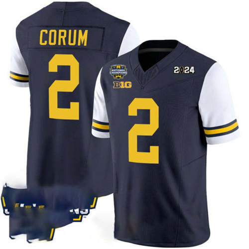 M.Wolverines #2 Blake Corum Navy White 2024 F.U.S.E. With 2023 National Champions Patch Stitched Jersey College Jerseys