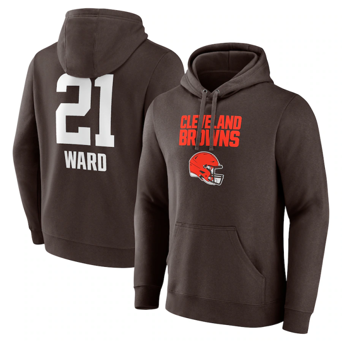 C.Browns #21 Denzel Ward Brown Team Wordmark Player Name & Number Pullover Hoodie Jerseys