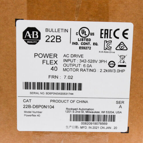 2022 New AB 22B-D6P0N104 PowerFlex 40 2.2KW/3.0HP AC Drive 22BD6P0N104 In US