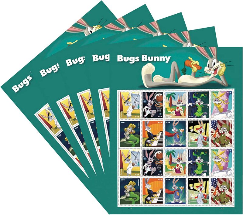 Celebrating Bugs Bunny & His Marvelous Masquerades Depicted in 10 Different Classic Costumes Over His 80 Year Career. 5 Pane of 20 (100 Stamps)