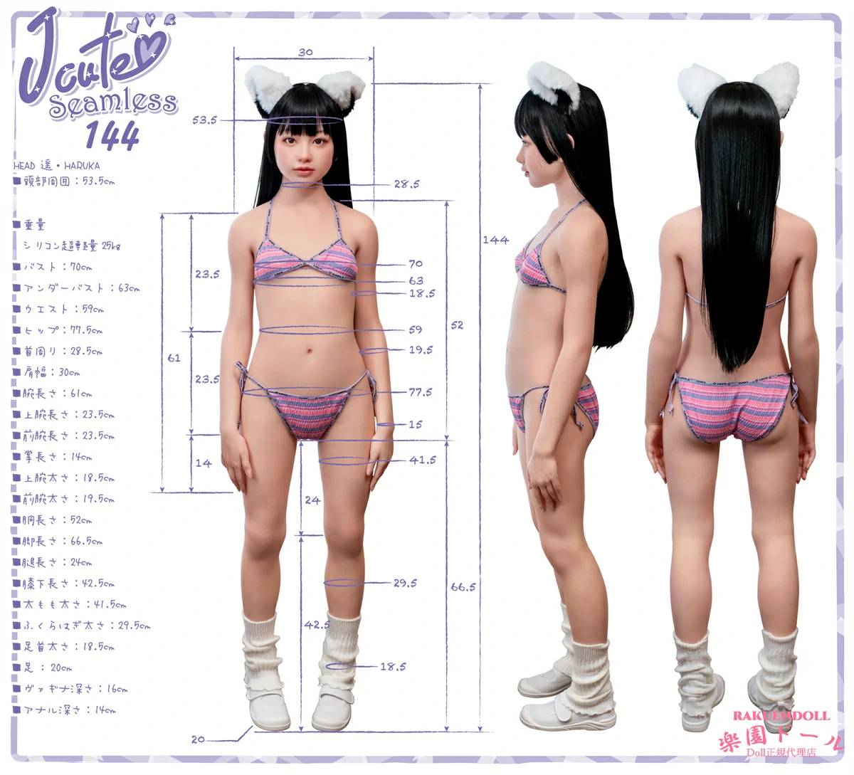 J-cute シームレスドール 遥（はるか）ヘッド 144cm Aカップ ラブドール三面図スペック