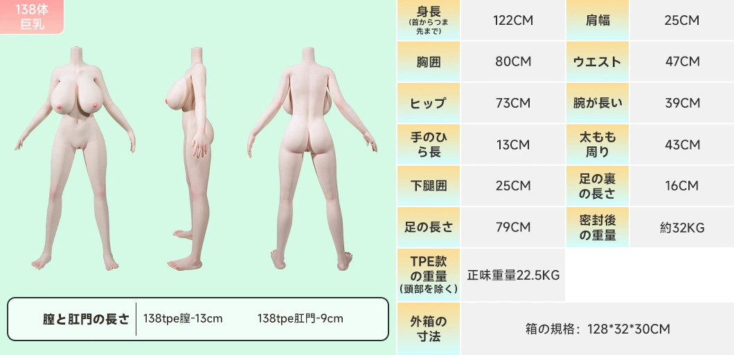 MW GIRL 138cm XL 爆乳 身体の正面・側面・背面と仕様表