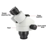 Simul-Focal Trinocular Microscope Zoom Stereo Microscope Head 7X 45X 3.5X 90X Continuous Zoom 0.5x 2.0x Auxiliary Objective Lens