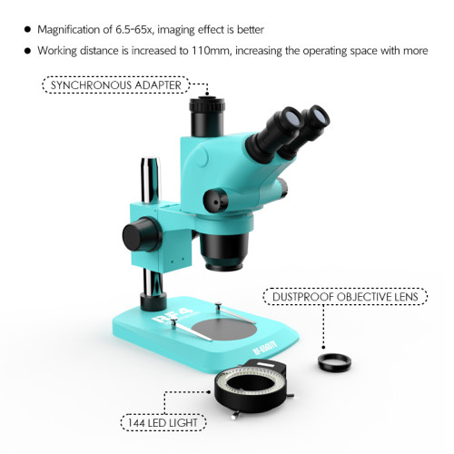 Rf4 RF-6565TV 6.5-65X Magnification Adjustable Trinocular Zoom Stereo Microscope with 144 LED Ring Light for PCB Repair Rework