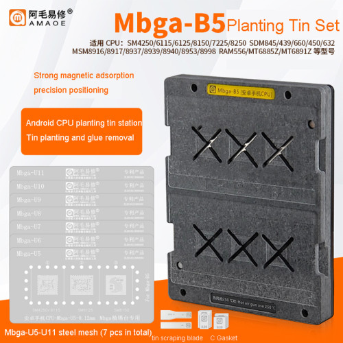 Amaoe MBGA-B5 BGA Reballing Set  Android Phone CPU Planting Tin Platform Glue Removal Positioning Board Heat Template Steel Mesh