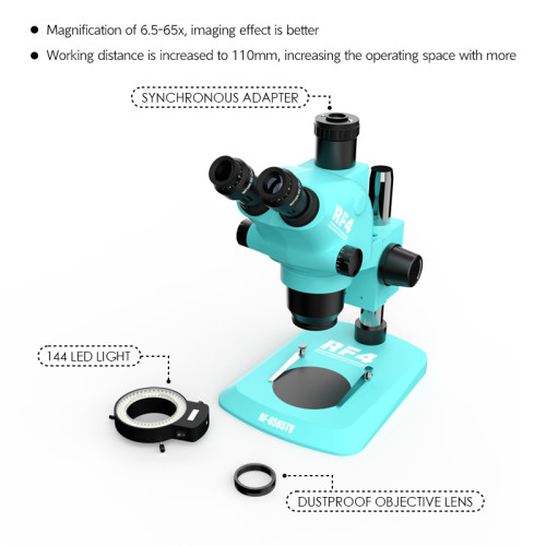 Rf4 RF-6565TV 6.5-65X Magnification Adjustable Trinocular Zoom Stereo Microscope with 144 LED Ring Light for PCB Repair Rework