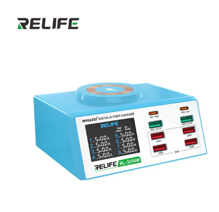 RELIFE RL-309AW Multifunction 8-port Charger for Mobile Phone with Short Circuit Repair Function Smart Wireless Fast Charging