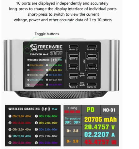 MECHANIC X-Power Max 140W 10 Ports USB Charger Station With Wireless Charging Digital Display Screen QC3.0 PD3.1 Quick Charge