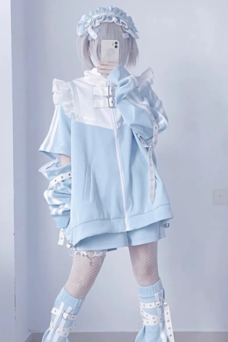 【RomelCheo】 水色地雷系サブカルセット ジップアップジャケット トラックジャケット フリルジャケット ハーフパンツ ショートパンツ 短パン レッグカバー レッグウォーマー ロリータ カジュロリ パンク 病み系 レディース モード系 ストリート 原宿系