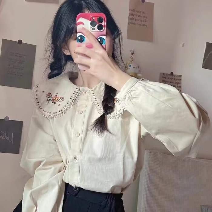 娃娃领衬衫长袖女春秋季新款设计感小众学生宽松别致甜美衬衣上衣