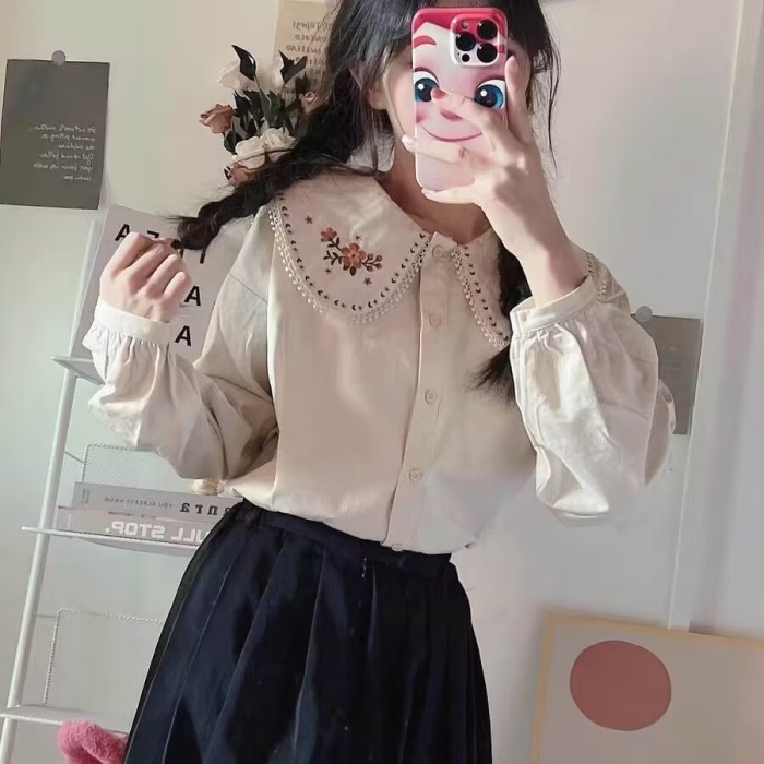 娃娃领衬衫长袖女春秋季新款设计感小众学生宽松别致甜美衬衣上衣
