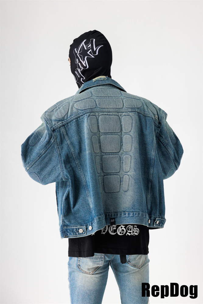 Kanye West Yeezy Armour style making old cat whiskers torn denim Jacket Kanye West YZY
