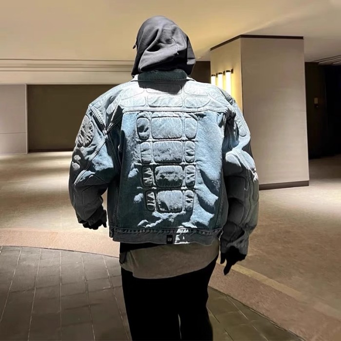 Kanye West Yeezy Armour style making old cat whiskers torn denim Jacket Kanye West YZY